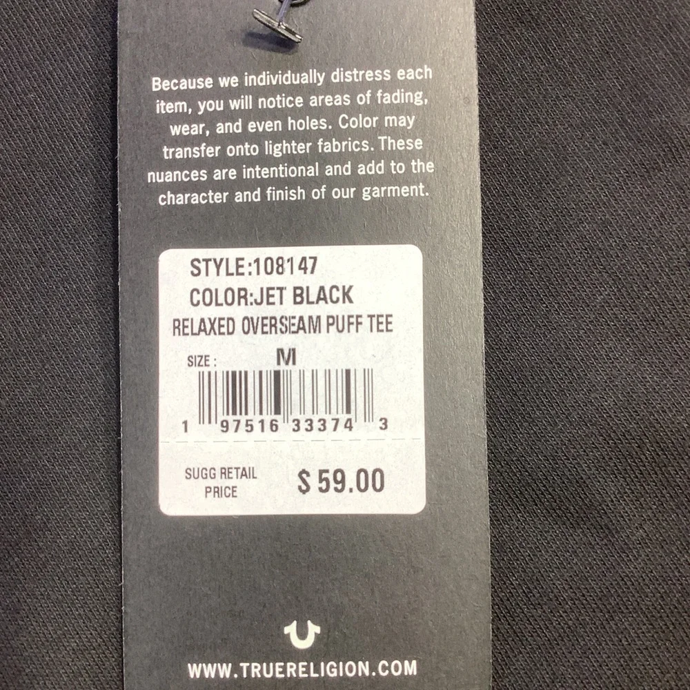 True Religion Mens Relaxed Fit Overseam Puff Tee‎ Shirt Black Size M NWT